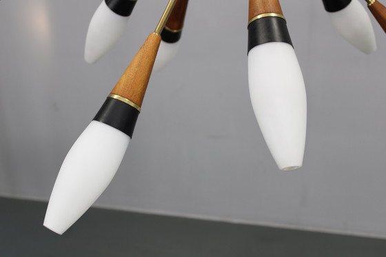 Image 1 of Lustre en laiton et teck en verre opalin Rupert Nikoll, Autriche, années 1960