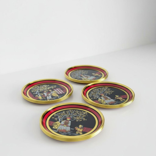Vintage Set of 11 Coasters with Chinese Motif: Emperor and Geisha, 1970s