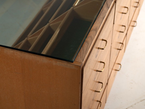 Vintage Twenty-Drawer Counter Chest, Central Europe, circa 1950, Storage cabinet, Glass, Brass, Black (photo 3 of 21)