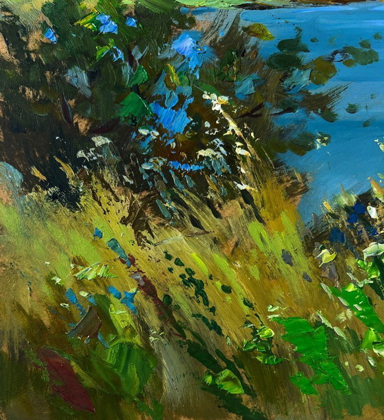 Image 1 of Original Oil Painting Summer Coastal Landscape A lonely boat on the river bank