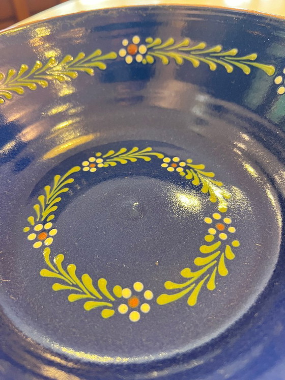Image 1 of Vintage pudding bowl | Mid-Century ceramics | Terracotta outside, blue inside with floral motif