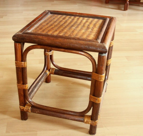 Handcrafted Rattan, Bamboo, Wood Plant Stand - Vintage 70s, Plant pot, Wicker, Brown, 1970 (photo 5 of 11)