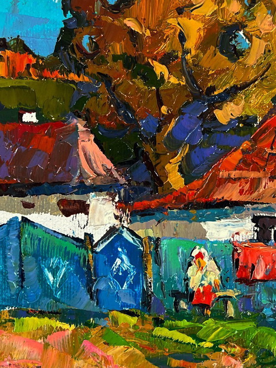 Image 1 of Peinture à l'huile originale : paysage rural, vie à la campagne, réunions dans la cour