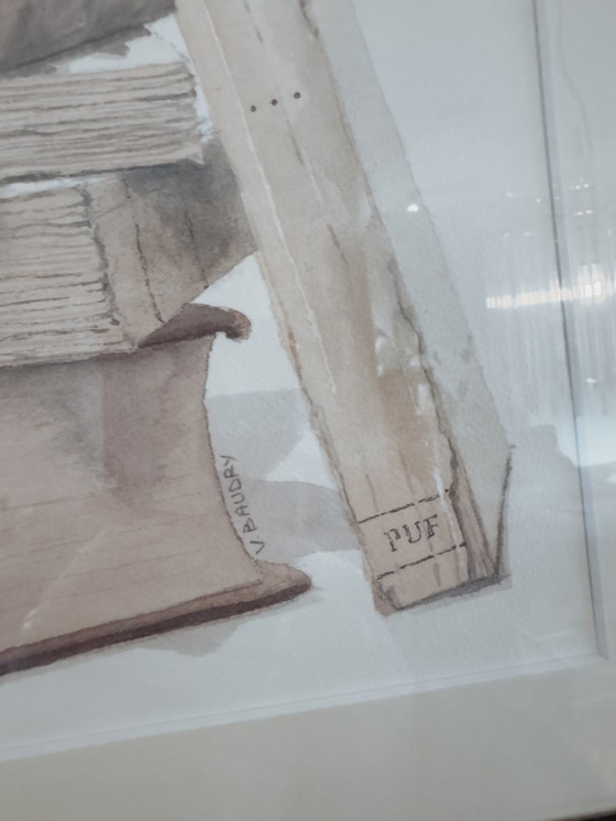 Image 1 of Watercolor paintings of books in burlwood frame, set of 2