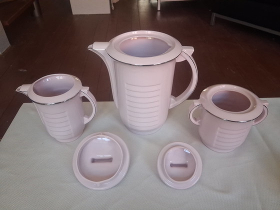 Image 1 of Servizio da caffè/tè Art Déco originale - Epiag, Cecoslovacchia (anni '20/'30) - Porcellana rosa con bordo argentato