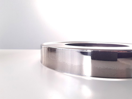 Image 1 of Stijlvolle space age plafonnière met rookglazen kap, vintage glazen plafondlamp met chroom