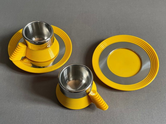Image 1 of Service à café expresso Carlo Giannini des années 1970, modèle "Star Trek Enterprise". Acier inoxydable et polyamide jaune. Rare