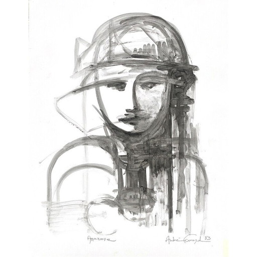 Vintage Amazone-schilderij met verdunde inkt op papier door André Ferrand