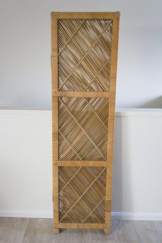 Image 1 of Paravento/divisorio pieghevole vintage bohémien in rattan naturale "Rotan" a 3 pannelli, anni '60/'70