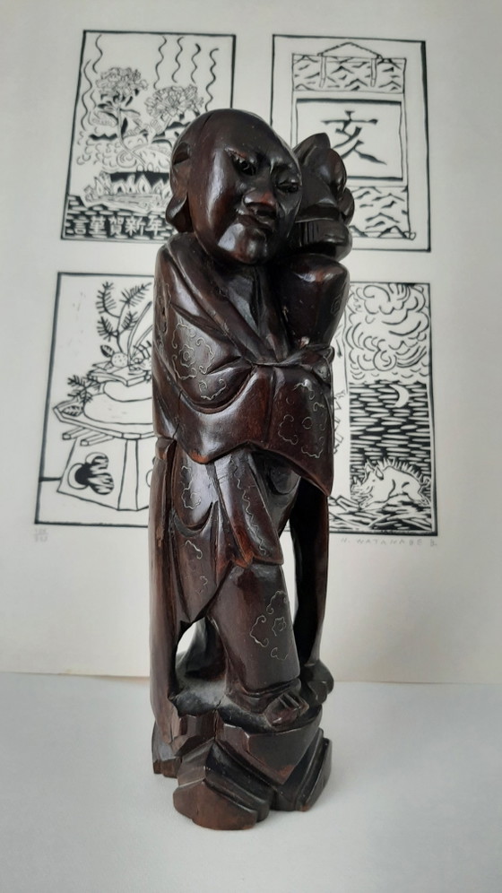 Image 1 of Antiek Chinees houten beeld, 1920 met zilverinleg