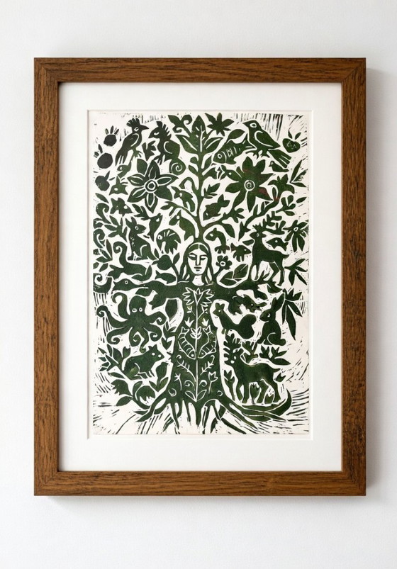 Image 1 of Linosnede van een boomvrouw: Botanische natuurkunst, A3, gelimiteerde oplage.