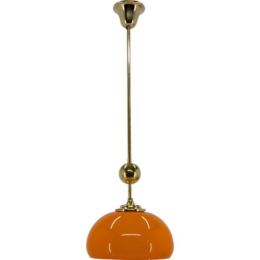 Lampe suspendue vintage en verre orange et laiton, Tchécoslovaquie 1980