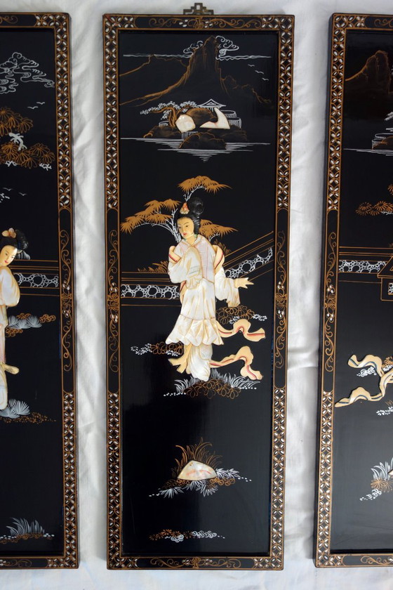 Vier Chinese panelen van gelakt hout en parelmoer, China, jaren 1960 – Decoratieve objecten, Wood, Other (photo 5 of 17)