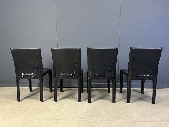 Image 1 of Black leather dining chairs by Arper italy, 1980s - set of 4