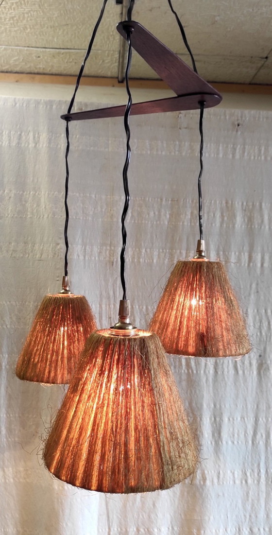 Image 1 of Hanglamp met drie lichtpunten in Scandinavische stijl, gemaakt van teak en sisal - jaren 60/70