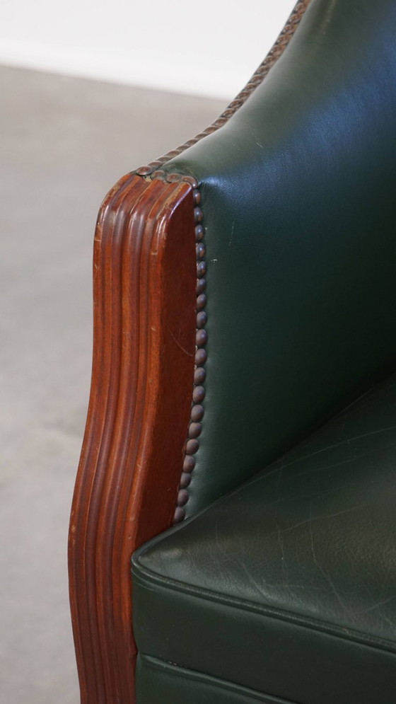 Image 1 of Beistell-/Ess-/Bürostuhl aus grünem Rindsleder und Holz im englischen Stil