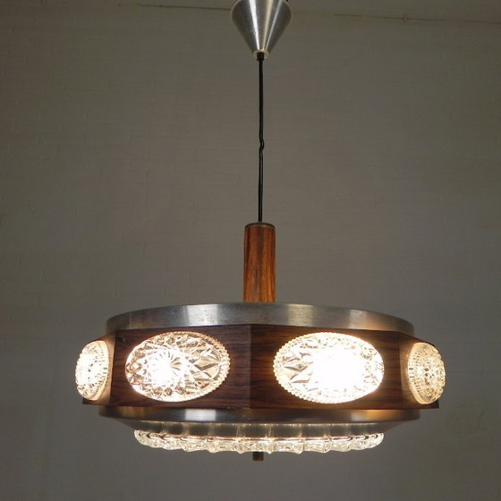 Image 1 of Vintage Lakro hanglamp met 9 ovalen glasplaatjes en 1 ronde glasplaat, jaren 70