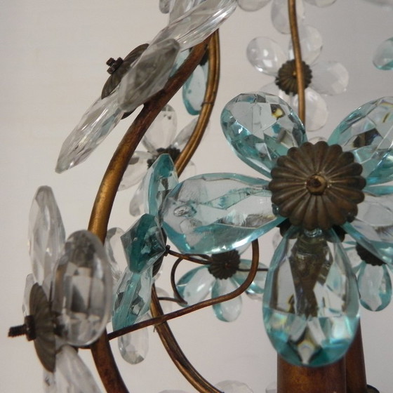 Image 1 of Hanglamp versierd met 42 bloemen in blauw en helder kristal, Maison Bagues stijl, jaren 30