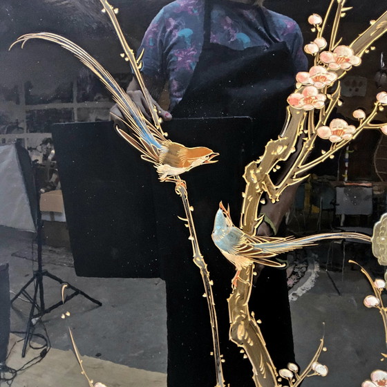 Vintage Chinese Lak Kast Zwart Bloemen En Vogels / Bohemian / Oosterse / Aziatische Bruidskast – Opbergkast (photo 8 of 15)