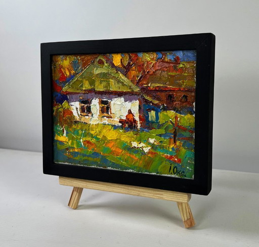 Original Oil Painting Village Day Landscape Light dances on every blade of grass