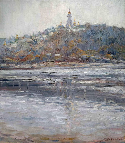Original Oil Painting Cityscape Panorama River Cathedral on the Hill View of the Church