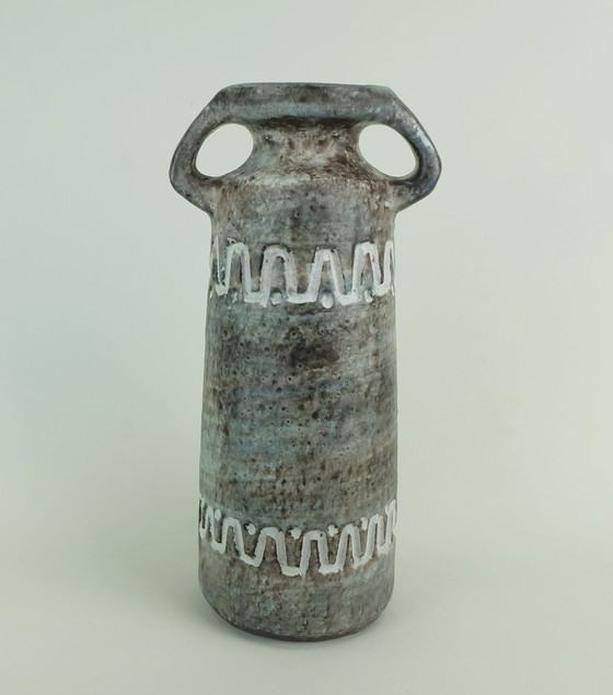 Image 1 of double handled east german mid century ceramic vase heissner keramik model V/32 relief pattern gray and blue