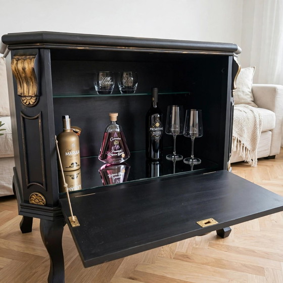 Queen Anne Barkastje / Drankkastje Met Glasplaat En Spiegel - Upcycled Zwart Goud Gothic – Drankenkasten, Wood (photo 2 of 6)