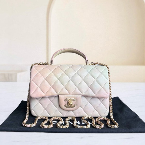Image 1 of Chanel Classic Flap Mini Top Handle -Quilted Lambskin Ombre Rainbow Gold Hardware Microchip