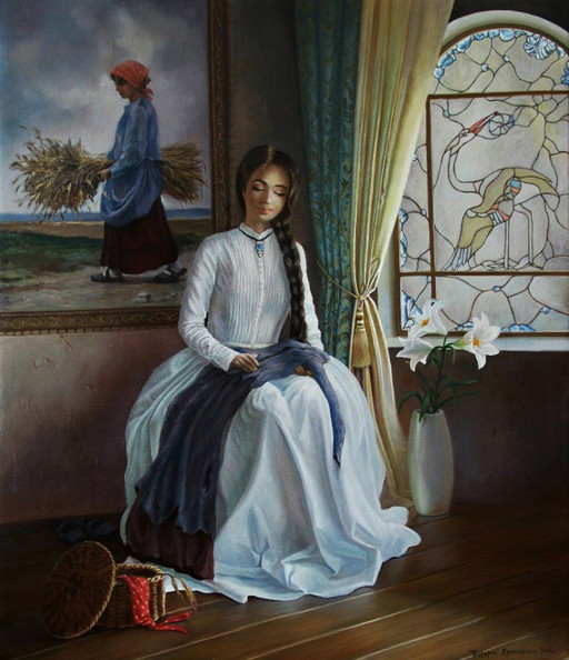Original Oil Painting Symbolism Portrait Of A Girl A Little Parable – schilderijen tekeningen, Canvas