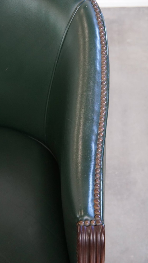 Image 1 of 2 x Beistell-/Ess-/Bürostuhl aus grünem Rindsleder und Holz im englischen Stil