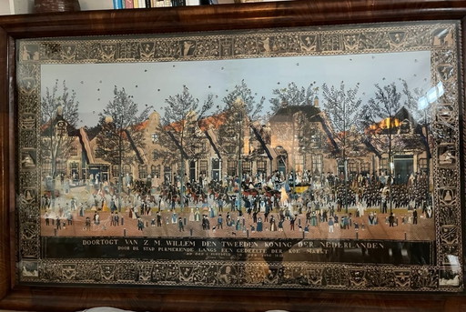 "Doortogt van Koning Willem II door Purmerend"; Knipselkunst schilderij uit de 19e eeuw