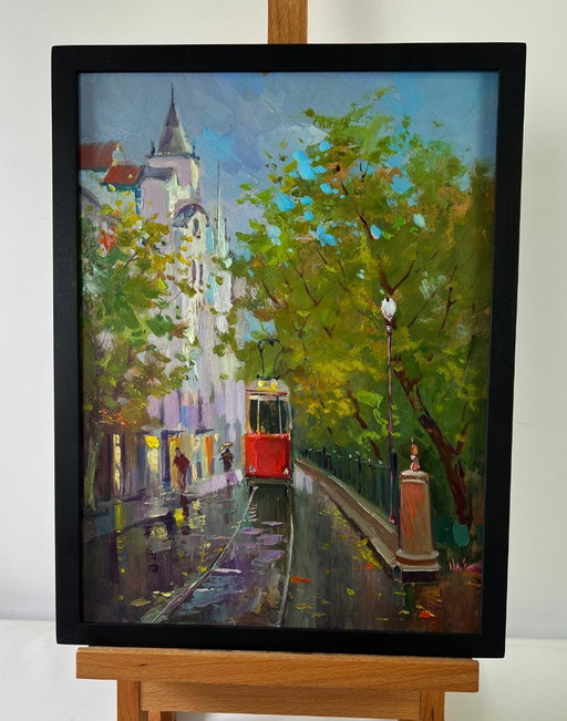 Original Oil Painting Autumn Street Landscape City Tram Slides Along The Tracks