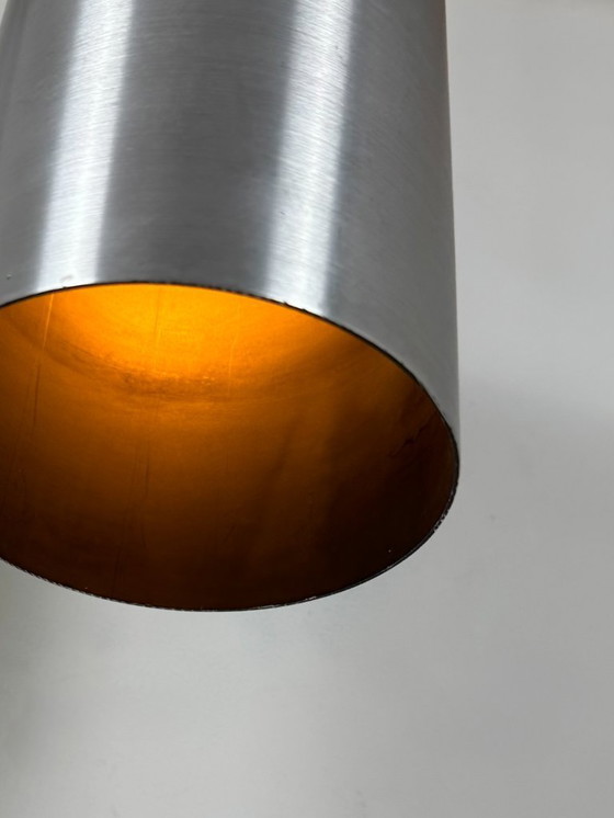 Image 1 of Set of 3 vintage brushed metal pendant lights, France, 1970