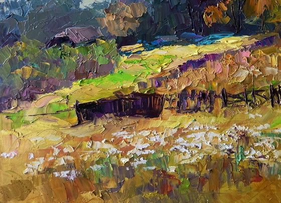 Image 1 of Origineel olieverfschilderij: Landelijk landschap met herfstbloemen in de tuin.