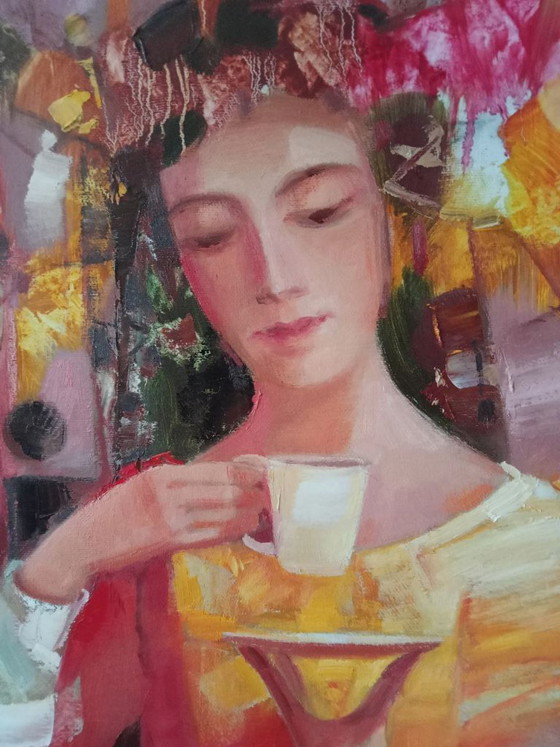 Peinture à l'Huile Originale Figurative Abstraite Fille Une Tasse de Café – Peintures et dessins, Canvas (photo 7 of 9)