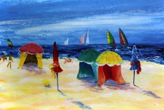 Image 1 of Serge Desnoyers: "Activité a la plage." Color lithograph, hand-signed and signed E.A.