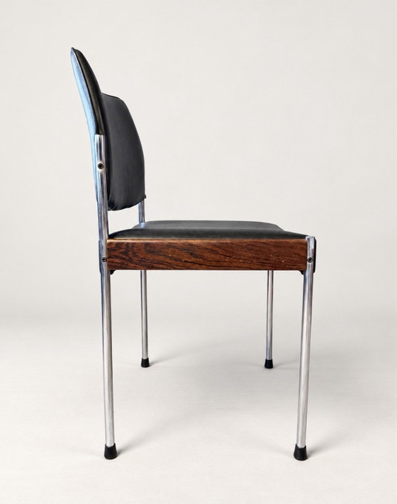 Thereca, 8 vintage Dining chairs, Netherlands, approx. 1960-70, Chrome, Leather, Black (photo 4 of 15)