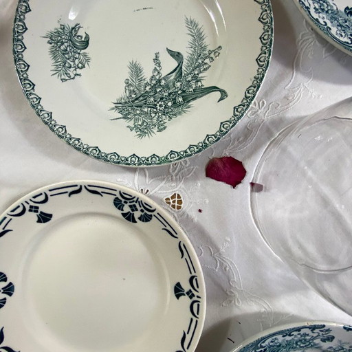 Set of 6 mismatched antique earthenware plates from Badonviller Saint Amand Amandinoise