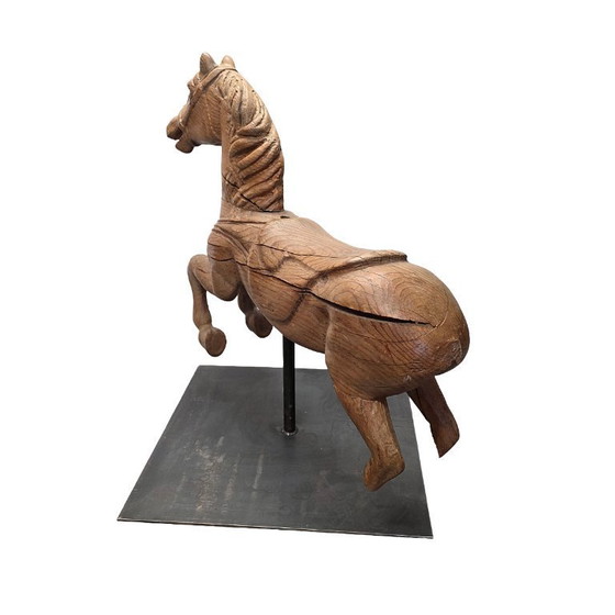 Image 1 of Antikes hölzernes Karussellpferd auf Ständer, Ende des 19. Jahrhunderts