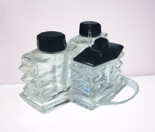 (W002) Set da menage in cristallo di Boemia Art Déco vintage – Dettagli in vetro nero, anni '30