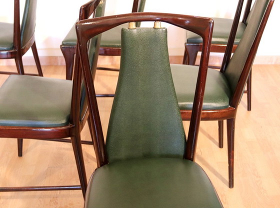 Image 1 of Set of 6 mid-century chairs by Osvaldo Borsani, Atelier Borsani Varedo, mahogany, rosewood, leather, and brass, Italy, 1950s