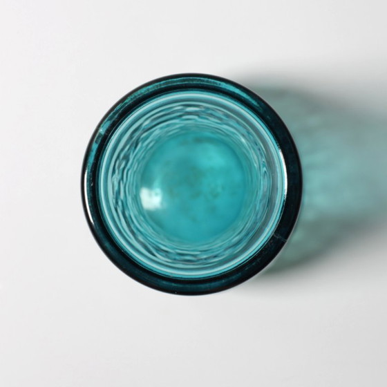 Image 1 of Turquoise Stylish Glass Flower Vase / Bibi Teal Hammered Textured Glass Vase / Italy / 1980s