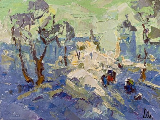 Image 1 of Original Oil Painting Winter Field Landscape There was a lot of snow