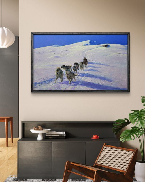 Origineel olieverfschilderij: Noordelijk landschap met sneeuwhonden die sleeën in de bergen