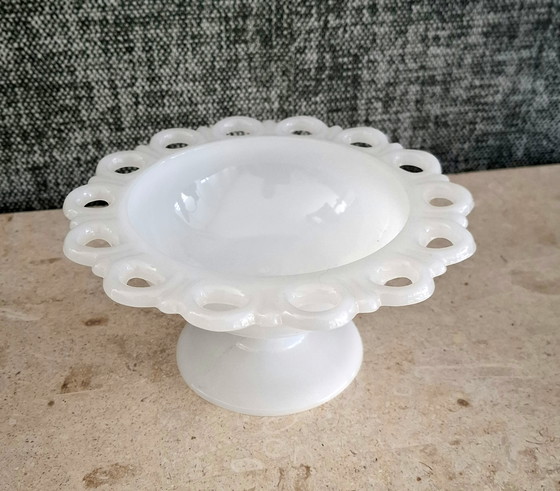 Image 1 of Vintage Milk Glass Bowl on Foot - Openwork Rim - Fenton/Westmoreland Style
