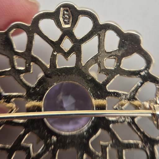 Broche vintage JAF en forme de nœud celtique écossais, épingle à kilt dorée avec pierre violette, signée