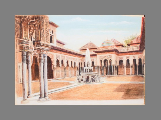 Image 1 of Drawing of the Alhambra. Court of the Lions. Alhambra painting. Painting of the Court of the Lions. New.
