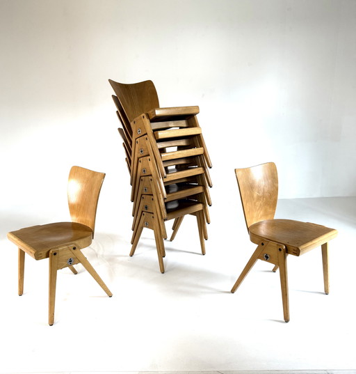 8 sedie impilabili vintage in compensato, Kaderer anni '60