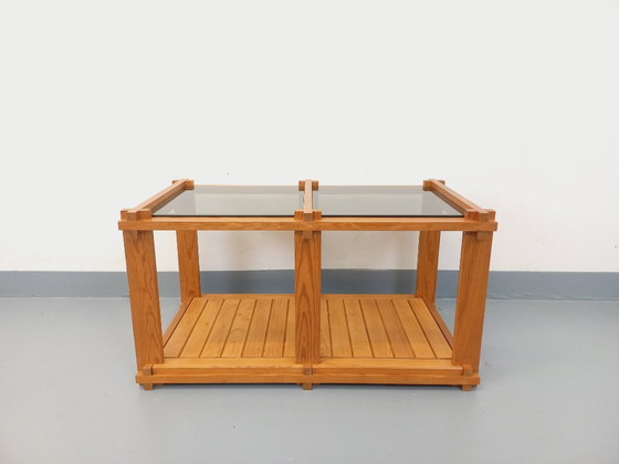 Image 1 of Vintage rectangular coffee table in pine and smoked glass from the 70s/80s