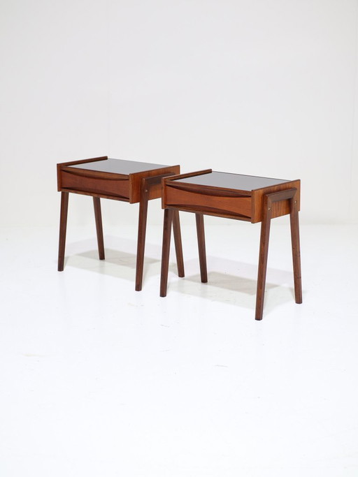 Set di comodini Arne Vodder in teak vetro nero danese vintage